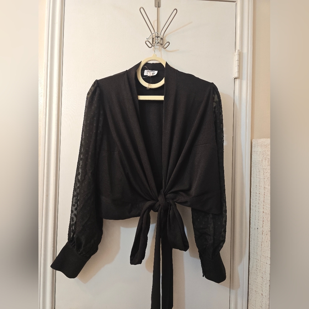 Unique Vintage Black Cardigan Waist Length with Sheer Accents